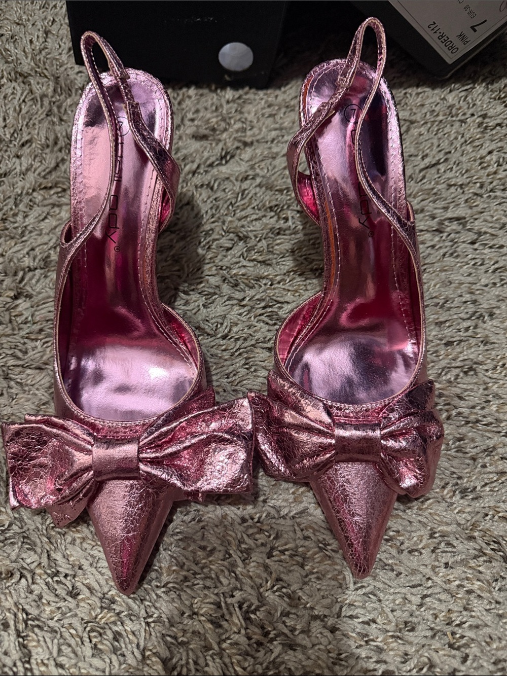 Metallic Pink Bow Pointed-Toe Slingback Heels